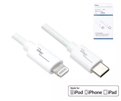 USB C to Lightning cable, MFi certified, sync and fast charging cable, white, DINIC box with Euro hole, 1m